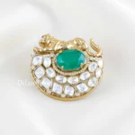 Green Antique Gold Plated Kundan Brooch- BRO002774
