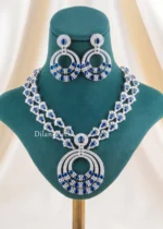 Blue Silver Plated Diamond Necklace Set- NEC002925