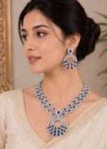 Blue Silver Plated Diamond Necklace Set- NEC002925 - Image 2