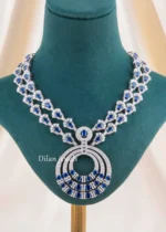 Blue Silver Plated Diamond Necklace Set- NEC002925 - Image 3