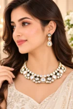 Green Gold Plated Kundan Necklace Set- NEC002921 - Image 2