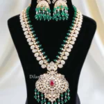 Green-Red Gold Plated Kundan, Diamond Necklace Set- NEC002956