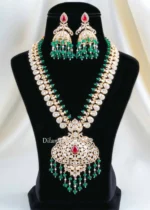 Green-Red Gold Plated Kundan, Diamond Necklace Set- NEC002956