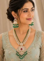 Green-Red Gold Plated Kundan, Diamond Necklace Set- NEC002956 - Image 2