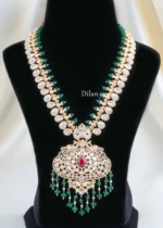 Green-Red Gold Plated Kundan, Diamond Necklace Set- NEC002956 - Image 3
