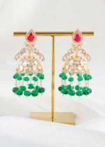 Green-Red Gold Plated Kundan, Diamond Necklace Set- NEC002956 - Image 4