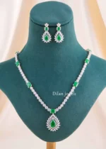 Green Silver Plated Diamond Necklace Set- NEC002917