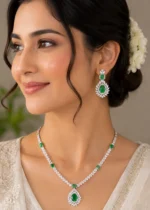 Green Silver Plated Diamond Necklace Set- NEC002917 - Image 5