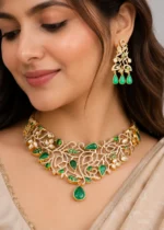 Green Victorian Finish Diamond, Kundan Necklace Set- NEC002936 - Image 2