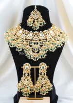 Mint Green Gold Plated Kundan Necklace Set- NEC002955