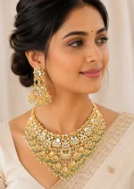 Mint Green Gold Plated Kundan Necklace Set- NEC002955 - Image 2