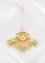 Mint Green Gold Plated Kundan Necklace Set- NEC002955 - Image 4