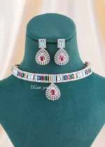 Multi Color Silver Plated Diamond Necklace Set- NEC002915