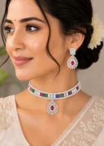 Multi Color Silver Plated Diamond Necklace Set- NEC002915 - Image 5