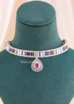 Multi Color Silver Plated Diamond Necklace Set- NEC002915 - Image 6