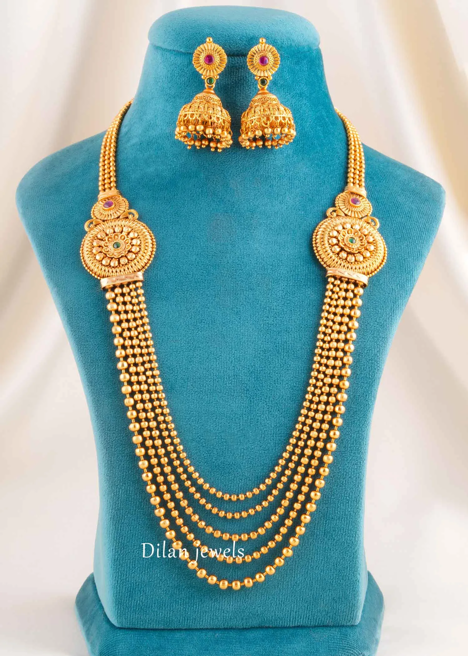Pink-Green Gold Plated Traditional Necklace Set- NEC002952 Pink-Green Gold Plated Traditional Necklace Set- NEC002952 - Image 1