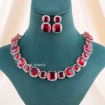 Red Silver Plated Diamond Necklace Set- NEC002918