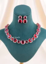 Red Silver Plated Diamond Necklace Set- NEC002918