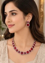 Red Silver Plated Diamond Necklace Set- NEC002918 - Image 2