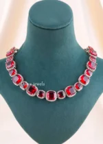 Red Silver Plated Diamond Necklace Set- NEC002918 - Image 3