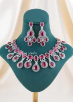 Red Silver Plated Diamond Necklace Set- NEC002928