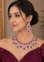 Red Silver Plated Diamond Necklace Set- NEC002928 - Image 2