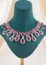 Red Silver Plated Diamond Necklace Set- NEC002928 - Image 3