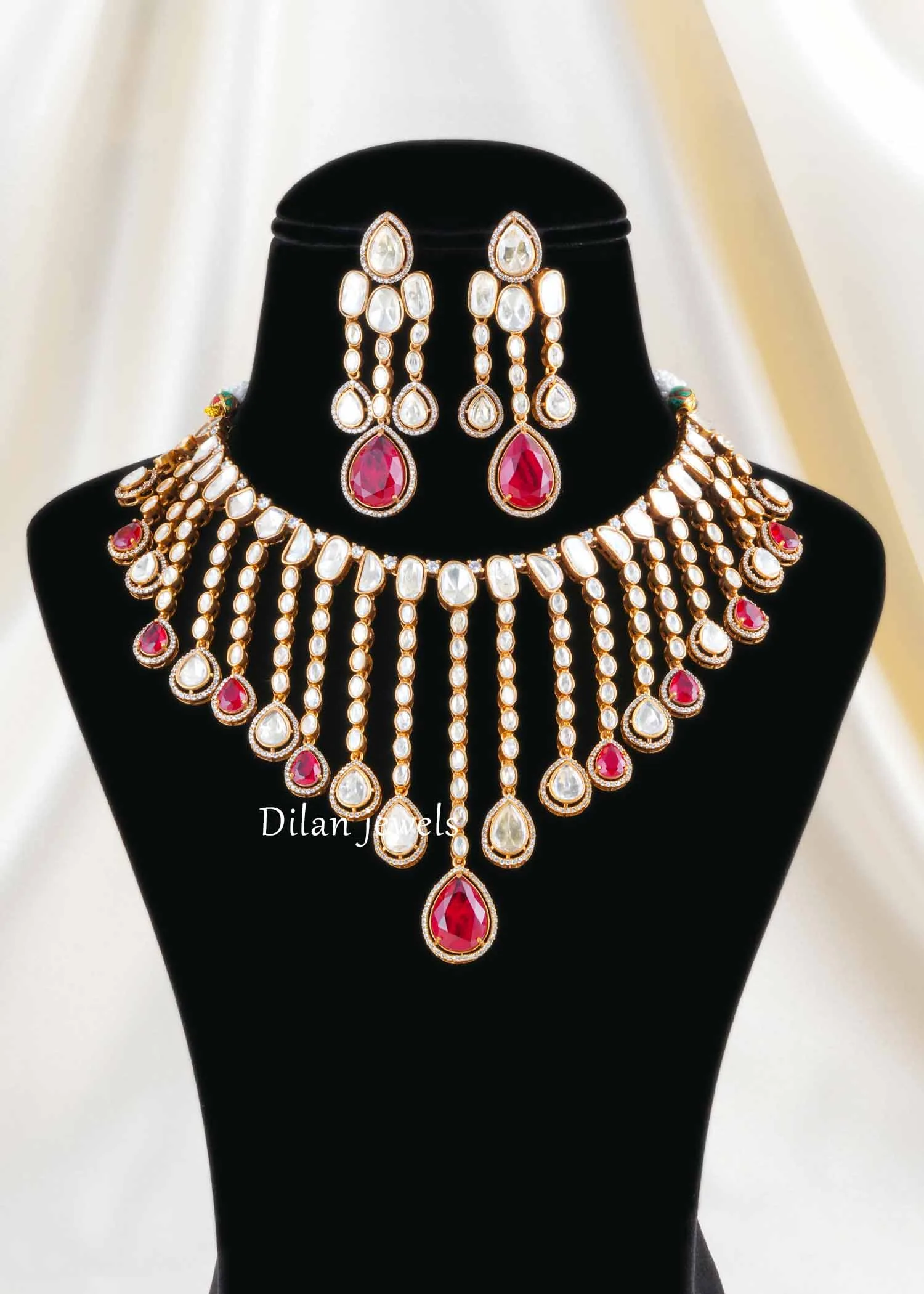 Red Victorian Finish Moissanite Polki Necklace Set- NEC002982 Red Victorian Finish Moissanite Polki Necklace Set- NEC002982 - Image 1