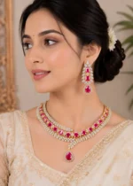 Ruby Gold Plated Diamond Necklace Set- NEC002924 - Image 2
