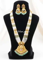 Mint-Green, Ruby Antique Gold Finish Kundan Necklace Set- NEC003162