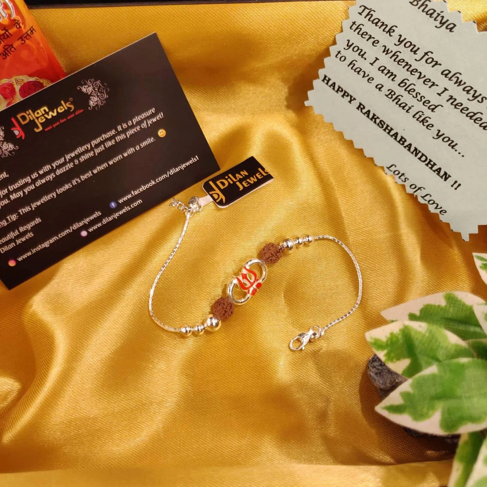 925-Silver-Trishul-Rudraksh-Rakhi-Bracelet-Orange-RAK000058a 925 Silver Trishul Rudraksh Rakhi Bracelet (Orange) RAK000058 - Image 1