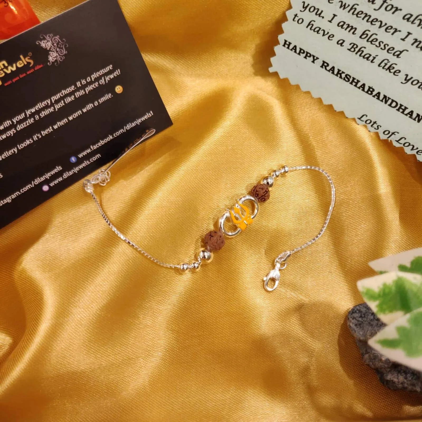925-Silver-Trishul-Rudraksh-Rakhi-Bracelet-Yellow-RAK000053a 925 Silver Trishul Rudraksh Rakhi Bracelet (Yellow) RAK000053 - Image 1