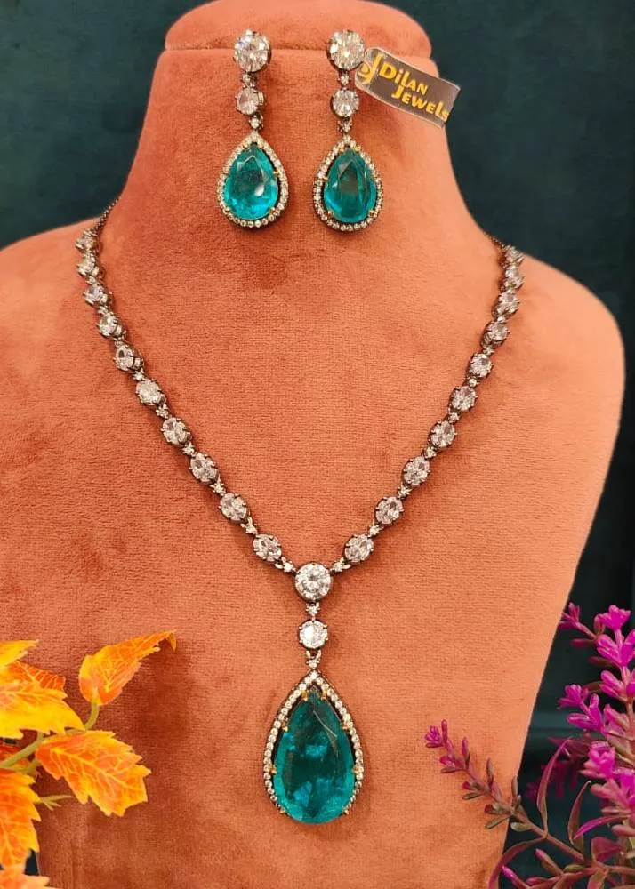 American-Green-Diamond-Necklace-Set-Black-Rhodium-NEC27012307a American Green Diamond Necklace Set (Black Rhodium)- NEC27012307 - Image 1