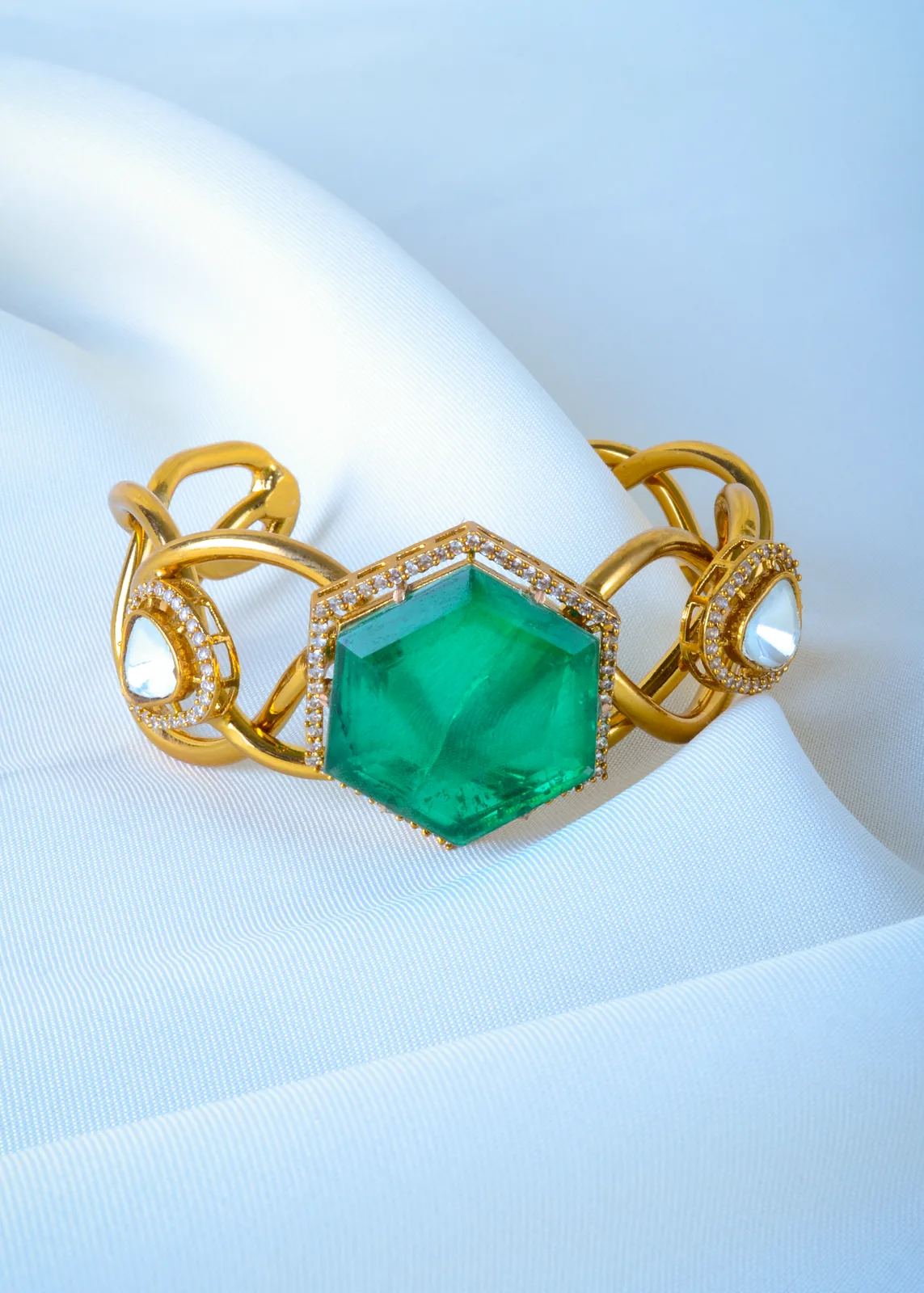 Antique-Green-Kundan-Cuff-Bracelet-Antique-Gold-BRA001283a Antique Green Kundan Cuff Bracelet (Antique Gold) BRA001283 - Image 1