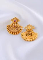 Antique Lotus Kundan Drop Earrings (Yellow Gold) EAR002291 - Image 3