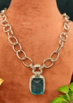 Aqua-Blue Pendant Necklace Set (White-Gold)- NEC30012304