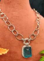 Aqua-Blue Pendant Necklace Set (White-Gold)- NEC30012304 - Image 2