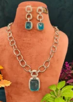Aqua-Blue Pendant Necklace Set (White-Gold)- NEC30012304 - Image 4