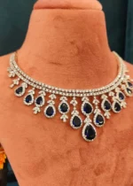 Blue Sapphire Drop Necklace Set (White-Gold)- NEC000004 - Image 3