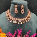 Blue Sapphire Floral Diamond Necklace Set (Rose-Gold)- NEC17022304