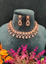 Blue Sapphire Floral Diamond Necklace Set (Rose-Gold)- NEC17022304