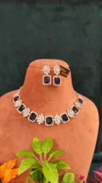 Blue Sapphire Floral Necklace Set (White- Gold)- NEC15122204