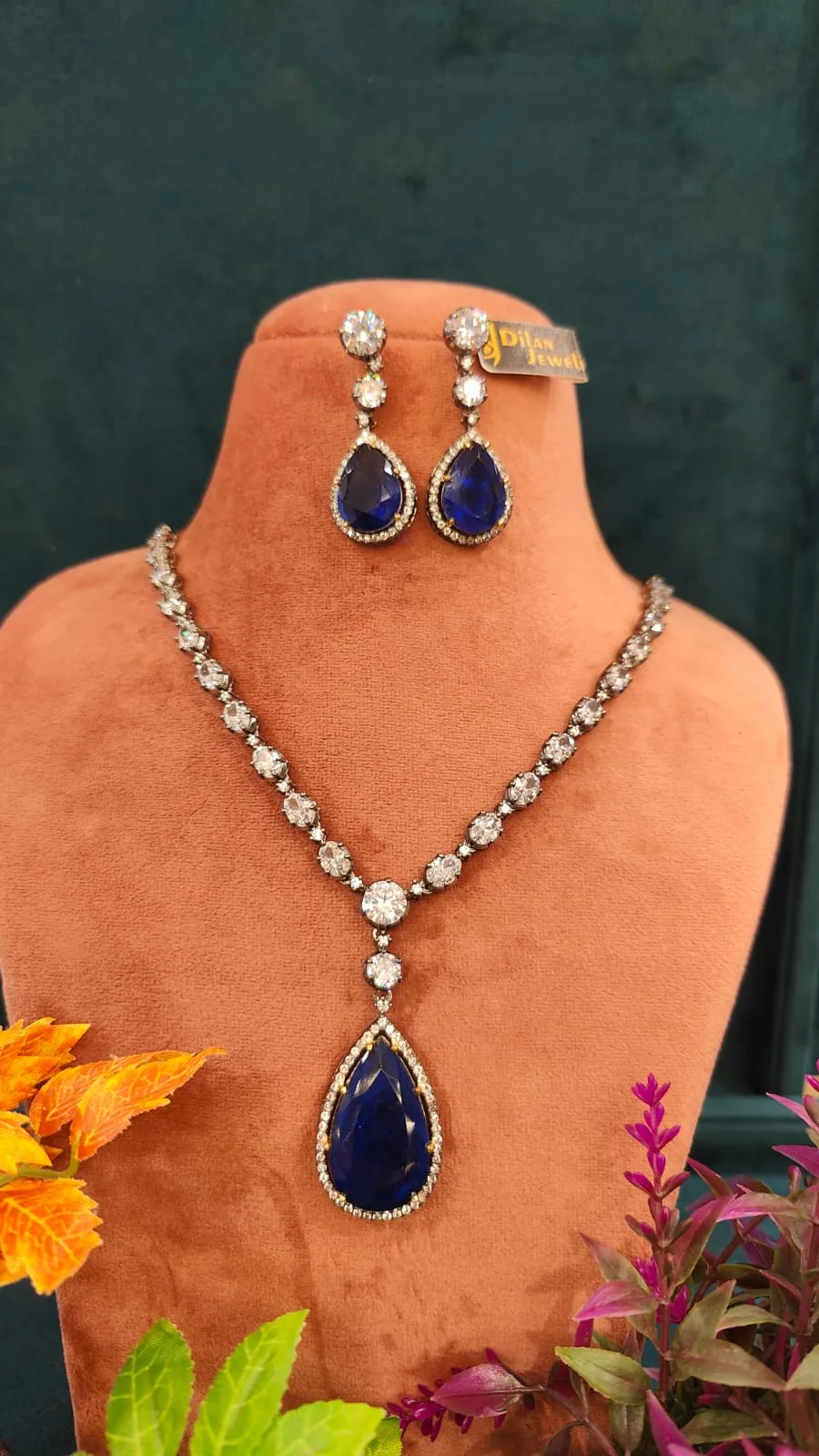 Blue-Sapphire-Pendant-Necklace-Set-Black-Rhodium-NEC12122202a Blue Sapphire Pendant Necklace Set (Black Rhodium)- NEC12122202 - Image 1