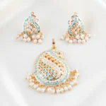 Blue Stone Filigree Pearl Chandeleir Pendant (Yellow Gold) PSET02476