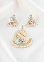 Blue Stone Filigree Pearl Chandeleir Pendant (Yellow Gold) PSET02476