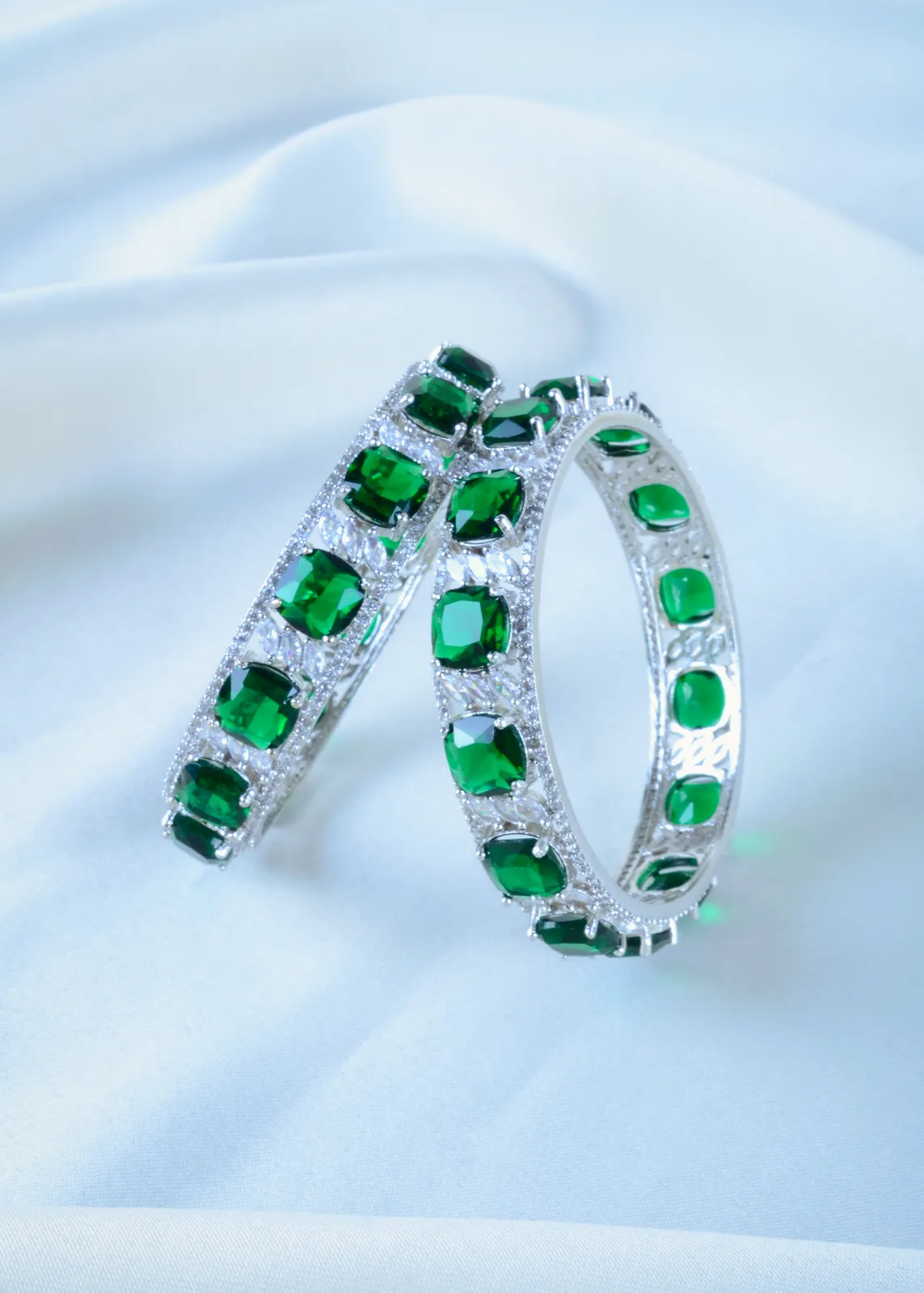 Broad-Green-Diamond-Bangles-Silver-BAN001154a Broad Green Diamond Bangles (Silver) BAN001154 - Image 1