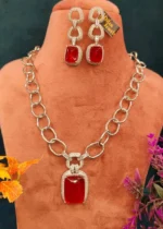 Contemporary Ruby-Diamond Necklace Set (White-Gold)- NEC27012303 - Image 2