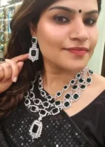 Elegant Emerald Diamond Necklace Set (White-Gold)- NEC01122201