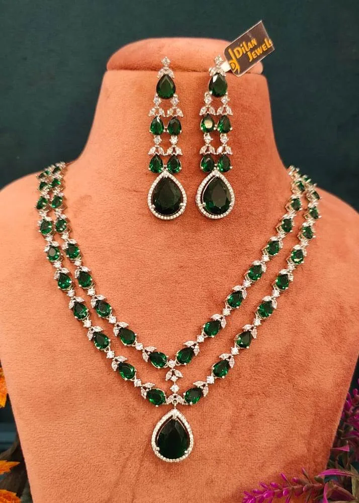 Emerald-Drop-Double-Line-Necklace-Set-White-Gold-NEC000002a Emerald Drop Double-Line Necklace Set (White-Gold)- NEC000002 - Image 1