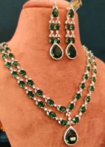 Emerald Drop Double-Line Necklace Set (White-Gold)- NEC000002 - Image 3